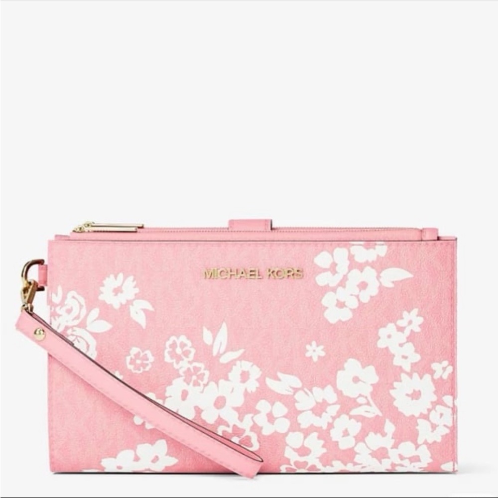 MICHAEL KORS JST Lg Double
Zip Printed Sign Logo Wristlet
Wallet CARNATION
